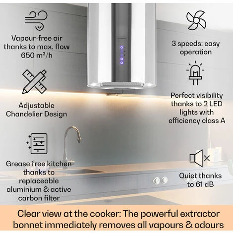 Klarstein Beretta Island Cooker Extractor Hood Ø35cm Exhaust / Circulating Air 650m³ / H LED Stainless Steel 4 Klarstein Beretta Island Cooker Extractor Hood Ø35cm Exhaust / Circulating Air 650m³ / H LED Stainless Steel - Image 2