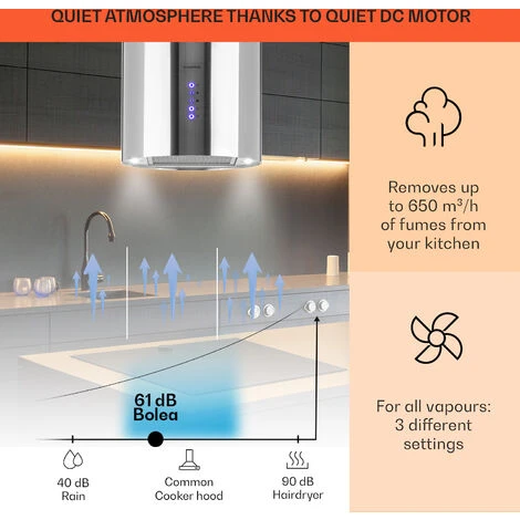 Klarstein Beretta Island Cooker Extractor Hood Ø35cm Exhaust / Circulating Air 650m³ / H LED Stainless Steel 5 Klarstein Beretta Island Cooker Extractor Hood Ø35cm Exhaust / Circulating Air 650m³ / H LED Stainless Steel - Image 3