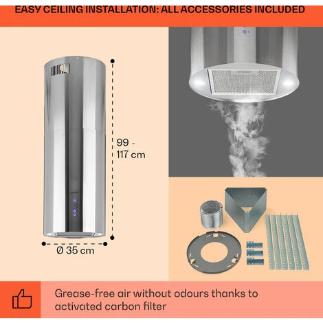 Klarstein Beretta Island Cooker Extractor Hood Ø35cm Exhaust / Circulating Air 650m³ / H LED Stainless Steel 7 Klarstein Beretta Island Cooker Extractor Hood Ø35cm Exhaust / Circulating Air 650m³ / H LED Stainless Steel - Image 5