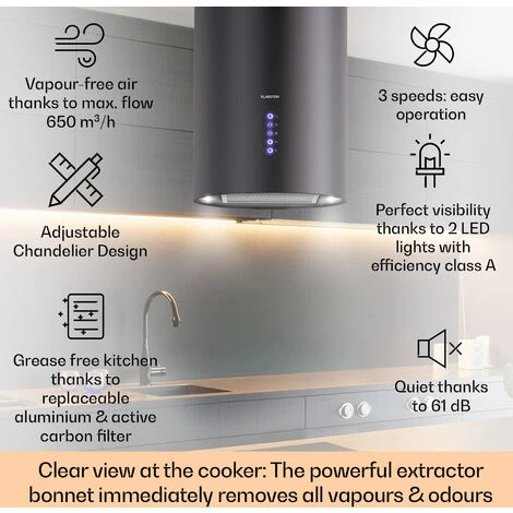Klarstein Klarstein Beretta Island Cooker Extractor Hood Ø35cm Exhaust / Circulating Air 650m³ / H LED Black 4 Klarstein Klarstein Beretta Island Cooker Extractor Hood Ø35cm Exhaust / Circulating Air 650m³ / H LED Black - Image 2