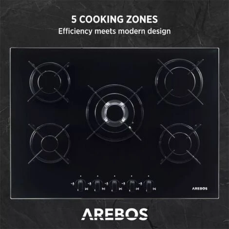 AREBOS Gas Hob 5 Burners Glass Ceramic Incl. Pot Rack & Ignition Fuse Autarkic Suitable For Natural Gas Or Propane Gas Gas Cooker Gas Cooker 5 AREBOS Gas Hob 5 Burners Glass Ceramic Incl. Pot Rack & Ignition Fuse Autarkic Suitable For Natural Gas Or Propane Gas Gas Cooker Gas Cooker - Image 3