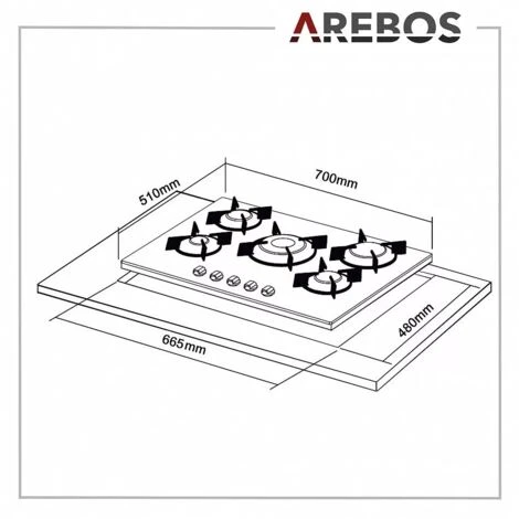 AREBOS Gas Hob 5 Burners Glass Ceramic Incl. Pot Rack & Ignition Fuse Autarkic Suitable For Natural Gas Or Propane Gas Gas Cooker Gas Cooker 7 AREBOS Gas Hob 5 Burners Glass Ceramic Incl. Pot Rack & Ignition Fuse Autarkic Suitable For Natural Gas Or Propane Gas Gas Cooker Gas Cooker - Image 5