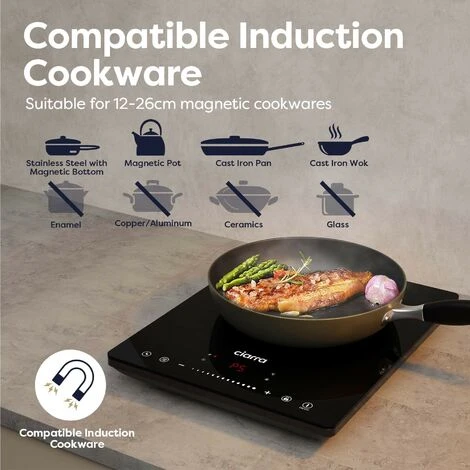 CIARRA Single Induction Hob 2000W, Touch Control Black Polished Crystal Glass Panel Safety Lock-CBTIH1 7 CIARRA Single Induction Hob 2000W, Touch Control Black Polished Crystal Glass Panel Safety Lock-CBTIH1 - Image 5