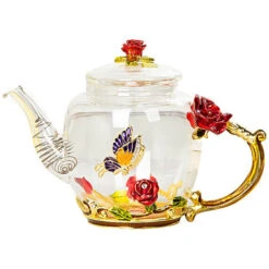Glass Teapot - 280 Ml - France Enamel Rose Flower Butterfly Decoration Heat Resistant Glass Teapot Kettle With Strainer For Blooming Tea Loose Leaf Tea (Red, Single Teapot) -Kitchen Appliances Shop 60699773 3