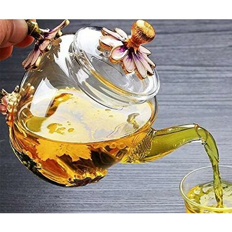 Glass Teapot - 280 Ml (9.47 Oz) - Glass Teapot With France Enamel Chrysanthemum Flower/Heat Resistant Glass Teapot Kettle With Strainer For Blooming Tea, Loose Leaf Tea 4 Glass Teapot - 280 Ml (9.47 Oz) - Glass Teapot With France Enamel Chrysanthemum Flower/Heat Resistant Glass Teapot Kettle With Strainer For Blooming Tea, Loose Leaf Tea - Image 2