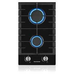 Built-in 2 Burner Gas Hob, Black Glass Gas Cooktop, Cooker With FFD And Cast Iron Pan Supports [Energy Class A+] Thermomate GHBG302