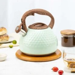 Kettle 2.8L Tea Kettle,With Wood Grain Handle Whistling Kettle, Kettle Induction Stainless Steel,Green White Blue Retro Universal Food Grade Tea Kettle For All Hotplates -Kitchen Appliances Shop 71635331 5