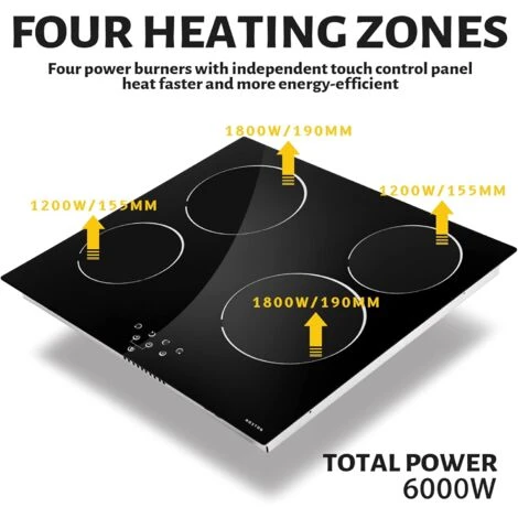 NOXTON Ceramic Hob, Built-in 4 Zone Electric Hobs 60cm Black Glass Panel Cooker With Touch Controls 4 NOXTON Ceramic Hob, Built-in 4 Zone Electric Hobs 60cm Black Glass Panel Cooker With Touch Controls - Image 2