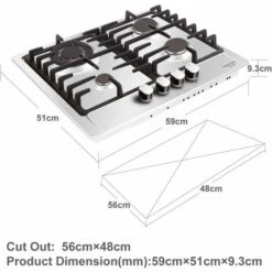 NOXTON Built-in 4 Burner Gas Cooker, Stainless Steel Gas Hob With Flame Out Protection, Cast Iron Pan Support, NG/LPG Kit, 59cm X 51cm -Kitchen Appliances Shop 72566718 3