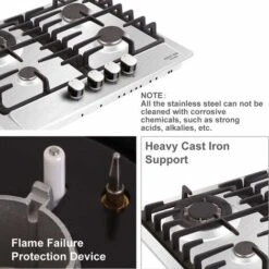 NOXTON Built-in 4 Burner Gas Cooker, Stainless Steel Gas Hob With Flame Out Protection, Cast Iron Pan Support, NG/LPG Kit, 59cm X 51cm -Kitchen Appliances Shop 72566718 5