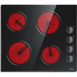 Ceramic Hob 4 Zones Electric Hob With Knobs Built In 6000W Ceramic Hob 60cm With Non-abrasive Black Glass Auto Switch Off Safety Hard Wire, No Plug Included