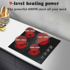 Ceramic Hob 4 Zones Electric Hob With Knobs Built In 6000W Ceramic Hob 60cm With Non-abrasive Black Glass Auto Switch Off Safety Hard Wire, No Plug Included -Kitchen Appliances Shop 72566724 3