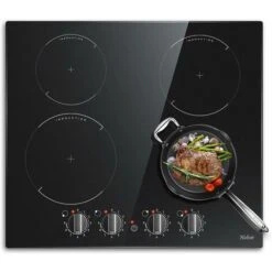 Induction Hob Black Glass Electric Cooktop Built-in 4 Zone Electric Hob With Knob 60cm, 7200W, Hard Wire, No Plug Included