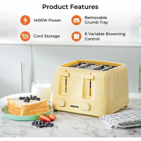 Beige 4 Slice Toaster Family Size 1400W With Variable Browning Control 4 Beige 4 Slice Toaster Family Size 1400W With Variable Browning Control - Image 2