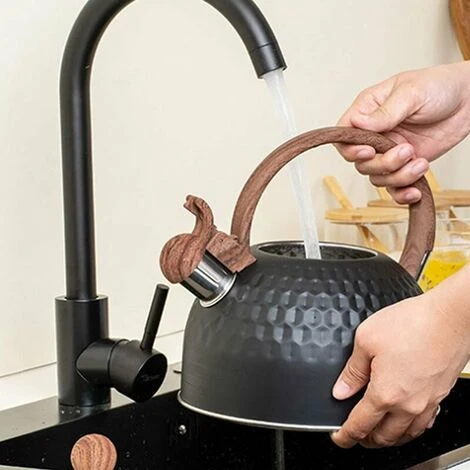 Induction Whistling Kettle 2.5L Black Kettle With Heat Resistant Wooden Handle Vintage Stainless Steel For Induction Cookers Gas Stoves Wood Stoves 6 Induction Whistling Kettle 2.5L Black Kettle With Heat Resistant Wooden Handle Vintage Stainless Steel For Induction Cookers Gas Stoves Wood Stoves - Image 4
