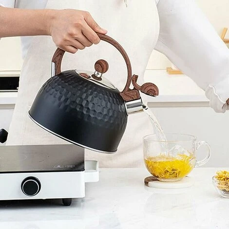 Induction Whistling Kettle 2.5L Black Kettle With Heat Resistant Wooden Handle Vintage Stainless Steel For Induction Cookers Gas Stoves Wood Stoves 7 Induction Whistling Kettle 2.5L Black Kettle With Heat Resistant Wooden Handle Vintage Stainless Steel For Induction Cookers Gas Stoves Wood Stoves - Image 5