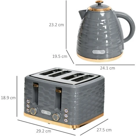 HOMCOM Kettle And Toaster Sets 1.7L Kettle & 4 Slice Toaster W/ Browning Control Grey 4 HOMCOM Kettle And Toaster Sets 1.7L Kettle & 4 Slice Toaster W/ Browning Control Grey - Image 2