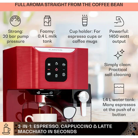 Klarstein BellaVita Coffee Maker 3-in-1 1450 W 20 Bar Milk Frother 4 Klarstein BellaVita Coffee Maker 3-in-1 1450 W 20 Bar Milk Frother - Image 2