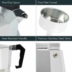 Aluminum Stovetop, Percolator Pot For Espresso, Mocha, Cuban Coffee, Cappuccino, Latte And More, Perfect For Camping, Strong, Long-Lasting, Silver, 1 Cup -Kitchen Appliances Shop 97100093 3