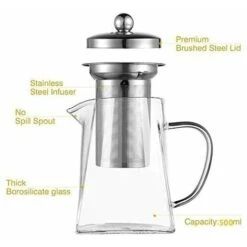 Square Glass Teapot With Infuser, 500ml Borosilicate Teapot With Strainer, Clear Loose Leaf Teapots For Loose Tea -Kitchen Appliances Shop 97102280 5